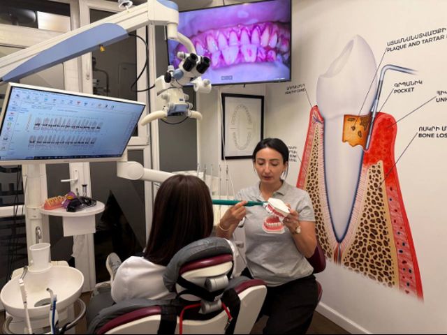 Brushing technique taught on a dental model